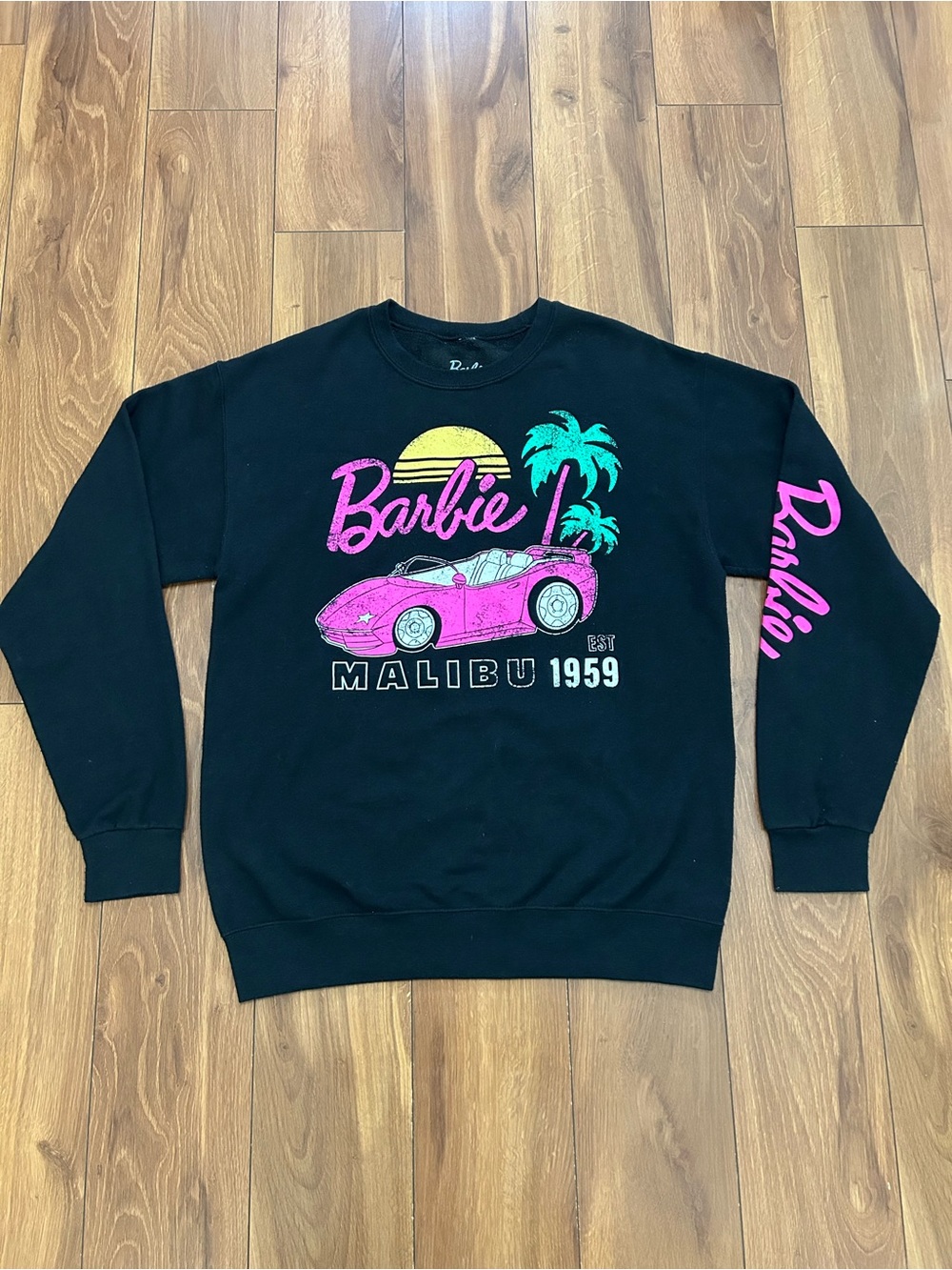 Barbie Black Sweatshirt M with Pink, Teal & Yellow Retro Graphic